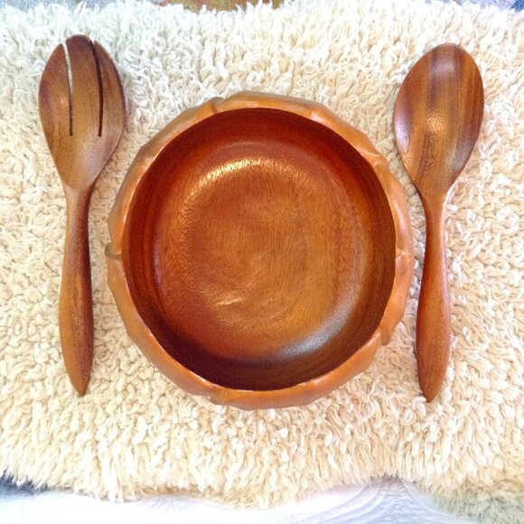 VINTAGE MCM Salad Serving Set; Monkey Pod Wood, Hawaiian; Mid Century Dinnerware - Picture 1 of 4